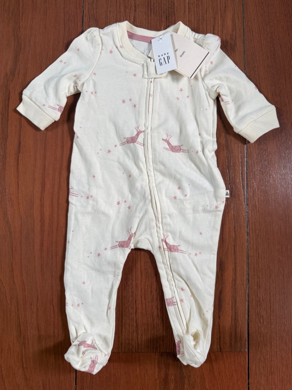GAP Cream and Pink Reindeer Footed One-Piece Pajamas